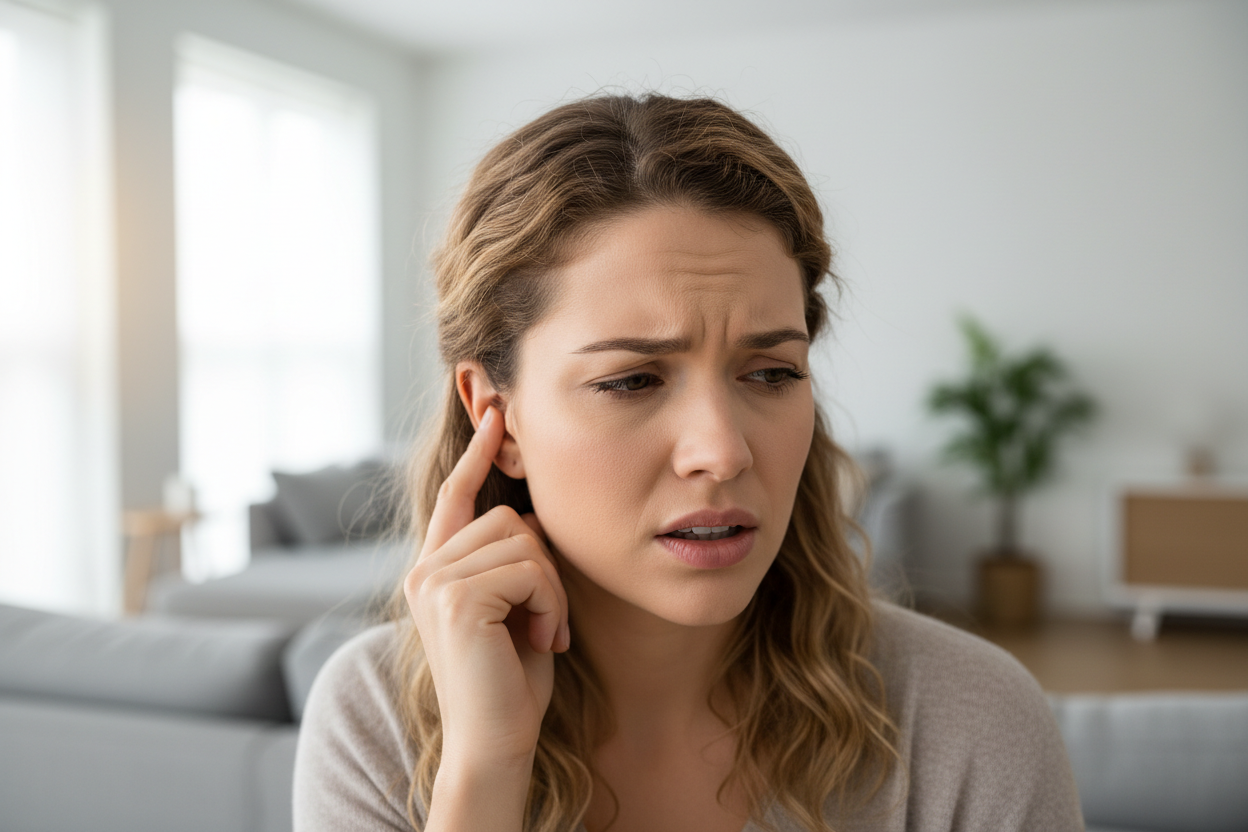 inspire toi de la dernière image téléchargée pour créer une femme mal aisée à cause de son tympan qui démange ou fait mal