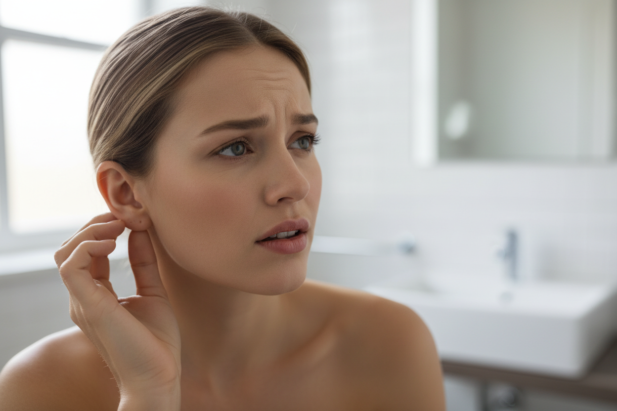 une femme qui réfléchi si ses oreilles sont propres ou non 