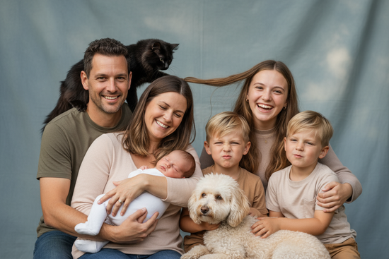 Une photo de famille heureuse et spontanée avec un homme, une femme tenant un bébé de quelques mois, une jeune fille d'environ 17ans, deux jumeaux de 6ans, un chat noir et un chien caniche. Background bleu gris et cadrage spontané